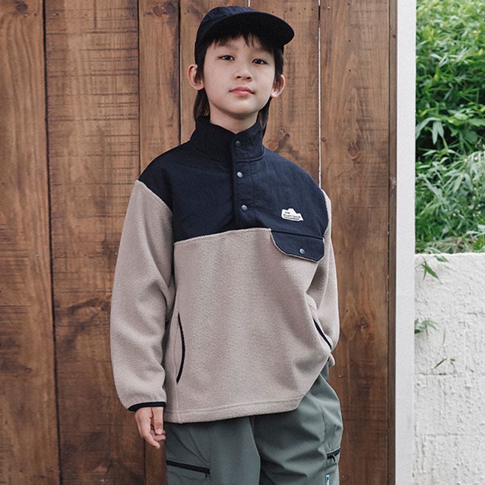 山系刷絨拼接半開襟長袖上衣-卡其灰