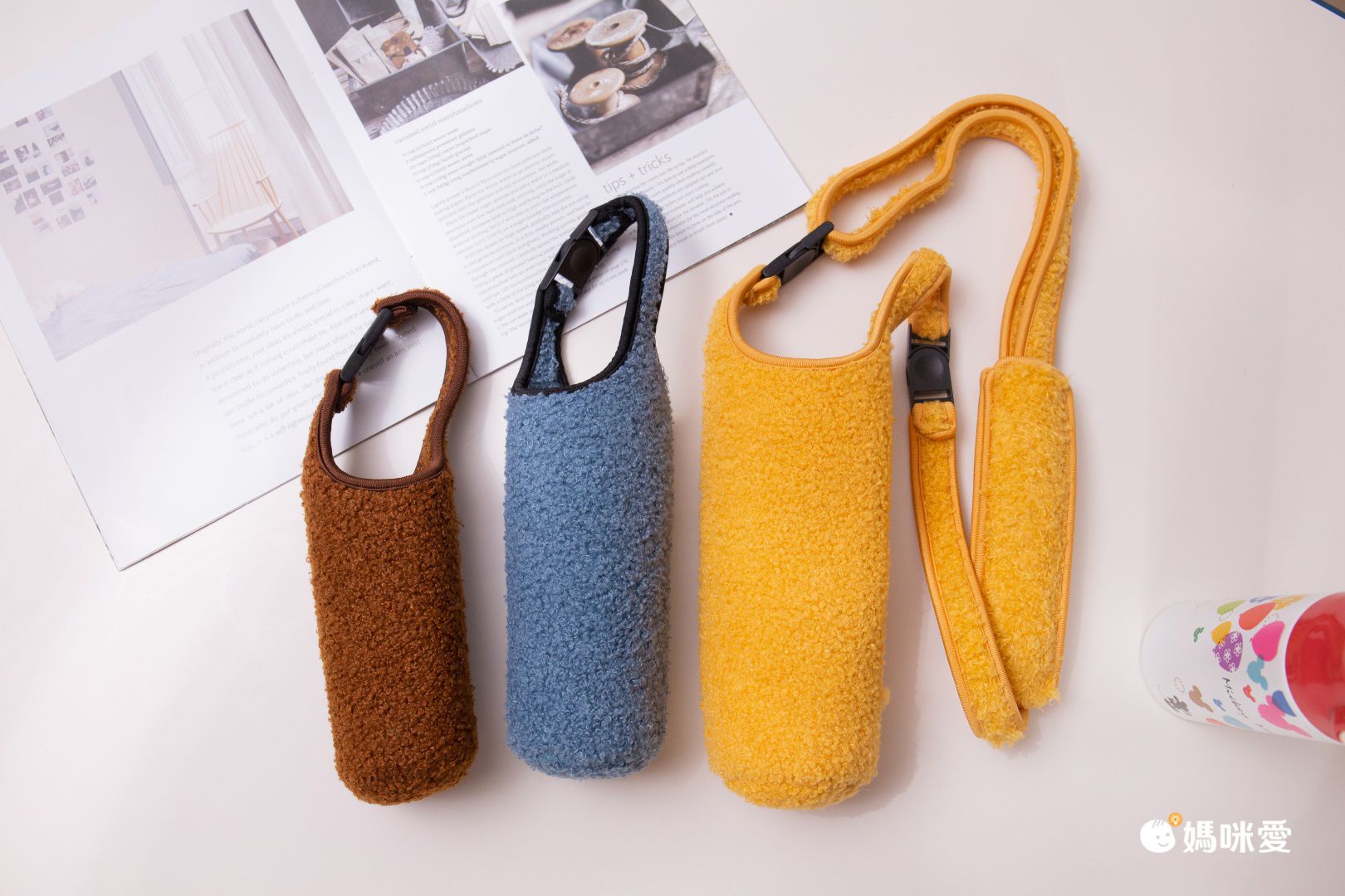 斜背泰迪絨防摔保溫杯背帶(不含杯套)-黃色