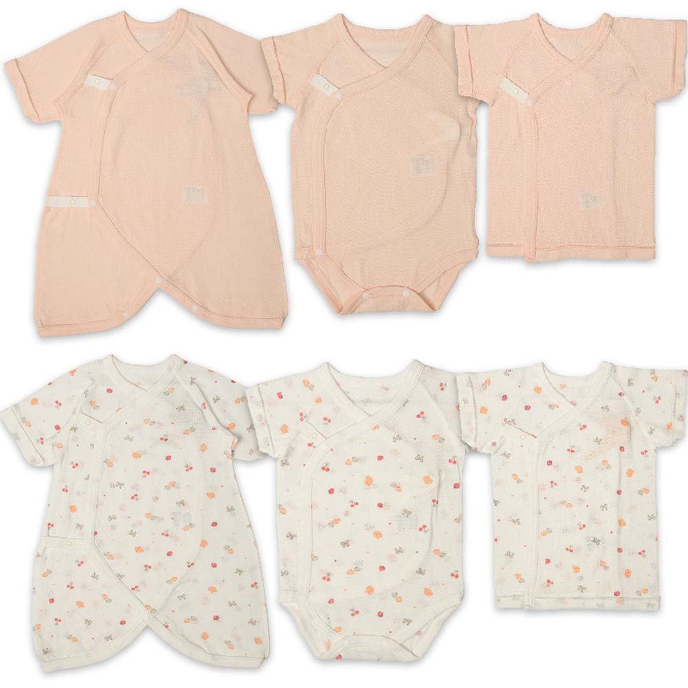 akachan honpo - 新生兒網眼內衣6件組-按扣款 短袖、7分袖-粉紅色 (50~60cm)