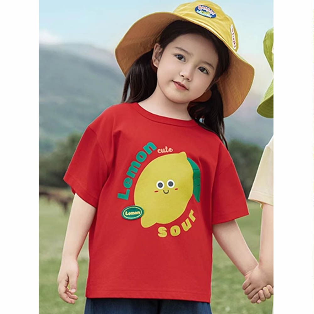 棉質圓領休閒短袖上衣-檸檬-紅色