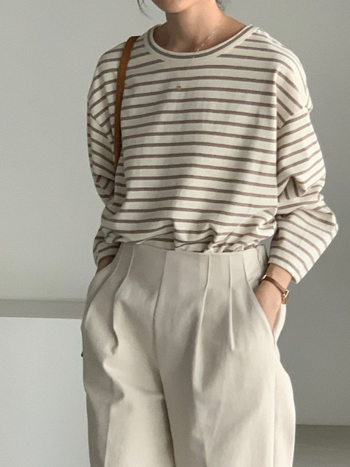 韓國女裝連線 - 不對稱後開衩條紋長袖上衣-可可咖 (FREE)