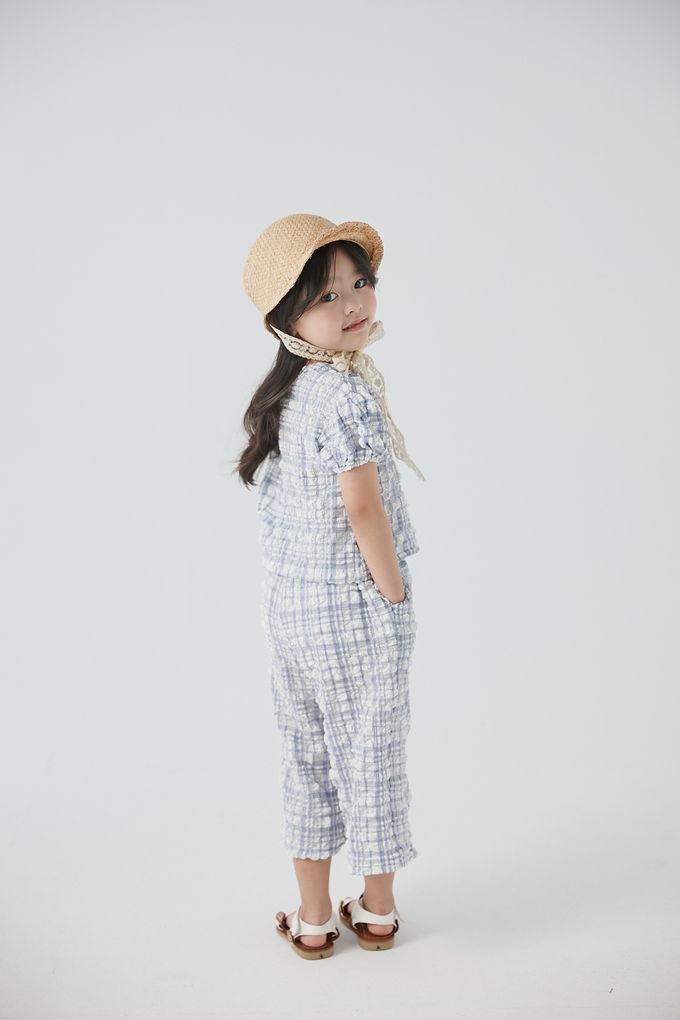 韓國 Coco Bang - 兩件式皺皺格子短袖長褲套裝-淺藍