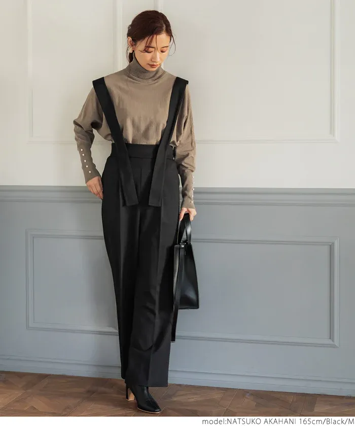 日本 COCA - 文藝復古彈性吊帶褲-大人-黑