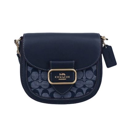 TORY BURCH - 滿版LOGO翻蓋皮革馬鞍斜背包 (丹寧深藍)