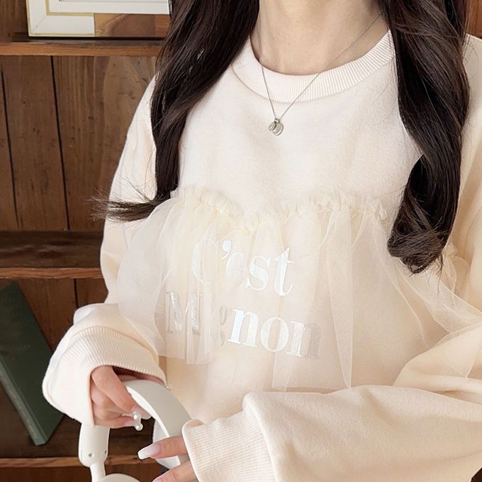 日本 Classical Elf - 胸前薄紗裏起毛休閒T恤-淺灰