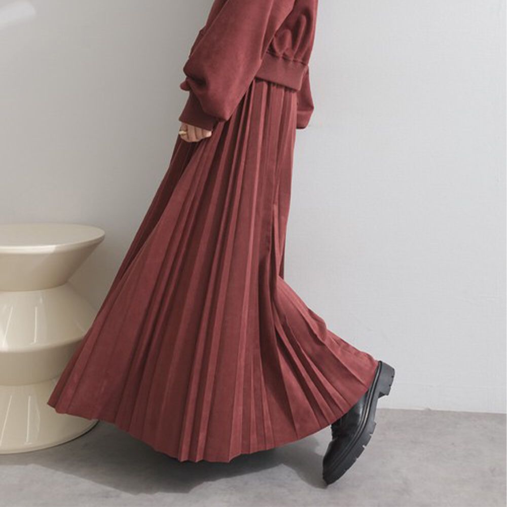 俐落低調麂皮百褶長裙-酒紅
