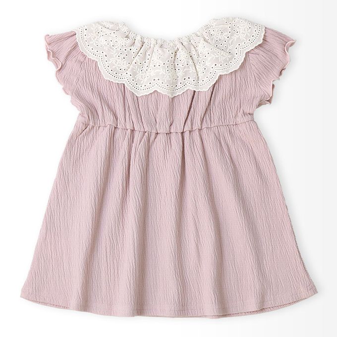 日本 ZOOLAND - 清爽楊柳 蕾絲領木耳短袖洋裝-粉紅