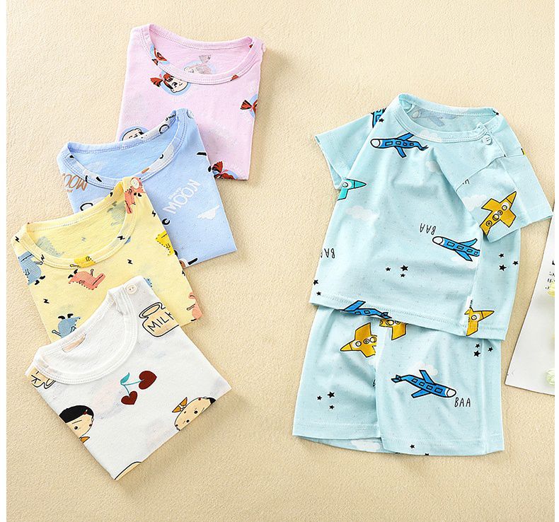 輕薄透氣柔軟棉質睡衣家居服短袖套裝-藍色飛機