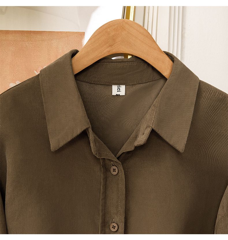 法式溫柔純色基礎長袖襯衫-咖啡色