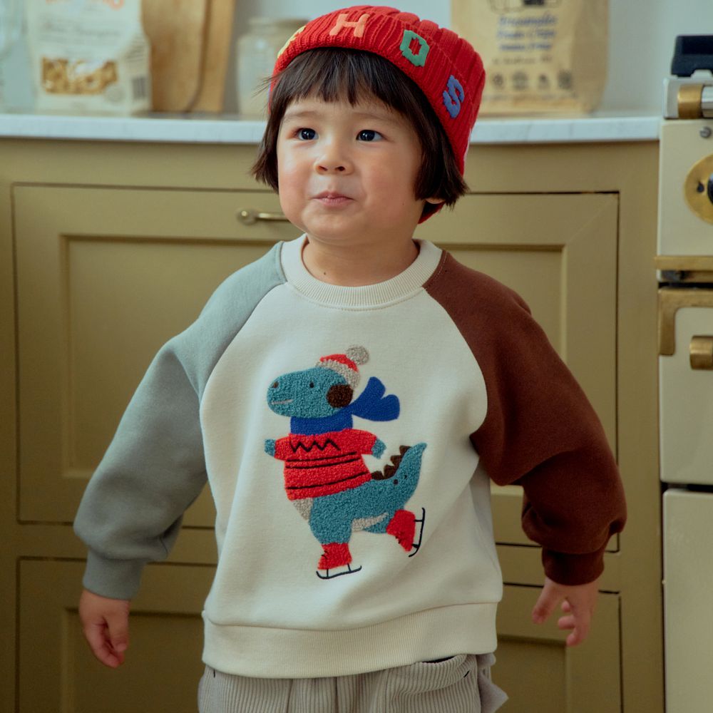 First Blue (內磨毛)毛絨動物拼色長袖大學T-溜冰恐龍-灰綠X咖啡