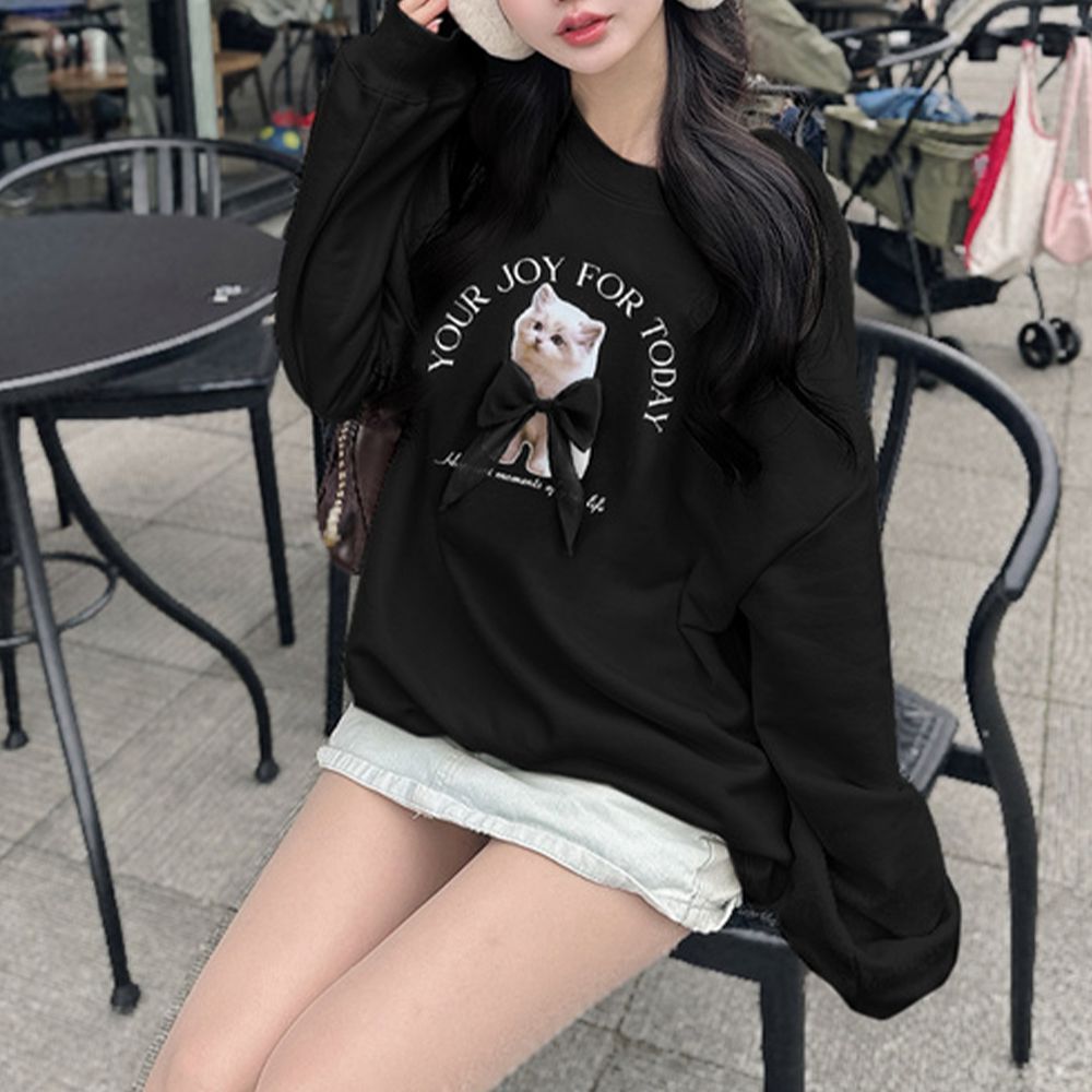 薄紗蝴蝶結貓咪印花長袖上衣-黑 (F)