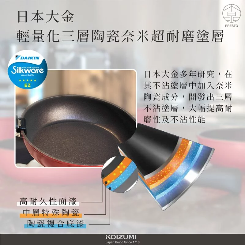 日本 KOIZUMI 小泉成器 - 不沾平底鍋-實用三件組/可拆式把手/陶瓷奈米超耐磨塗層-KOI-CO3-套組內含湯鍋-18cm*1+平底炒鍋-26cm*1+可拆式把手*1