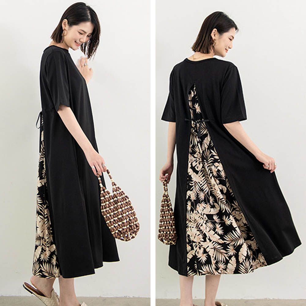 氣質顯瘦A字五分袖長洋裝-後拼接綁帶-黑+羽毛 (F)