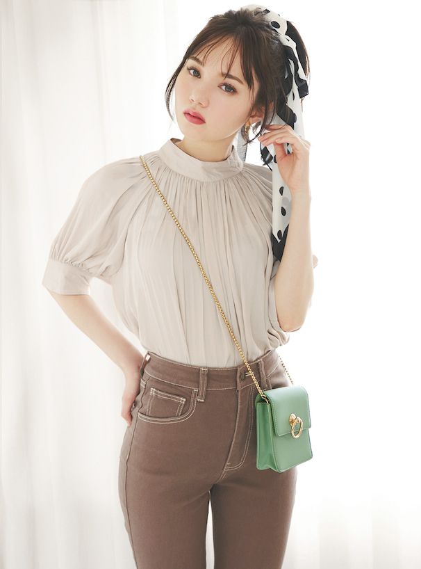 日本 GRL - 百搭立領泡泡短袖上衣-深棕粉 (F)