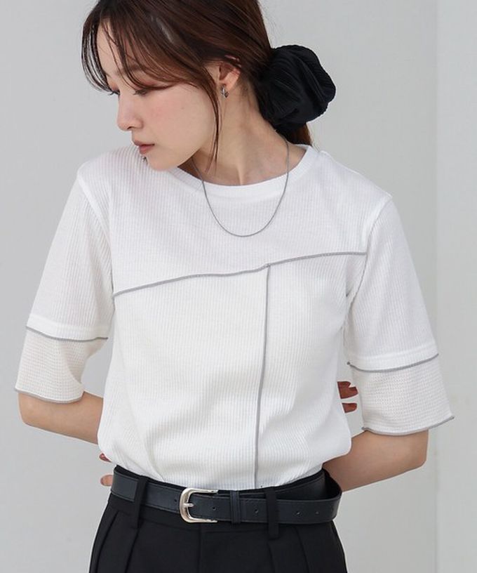 日本 Bab - 柔美線條羅紋異材質短袖上衣-淺黃 (M)