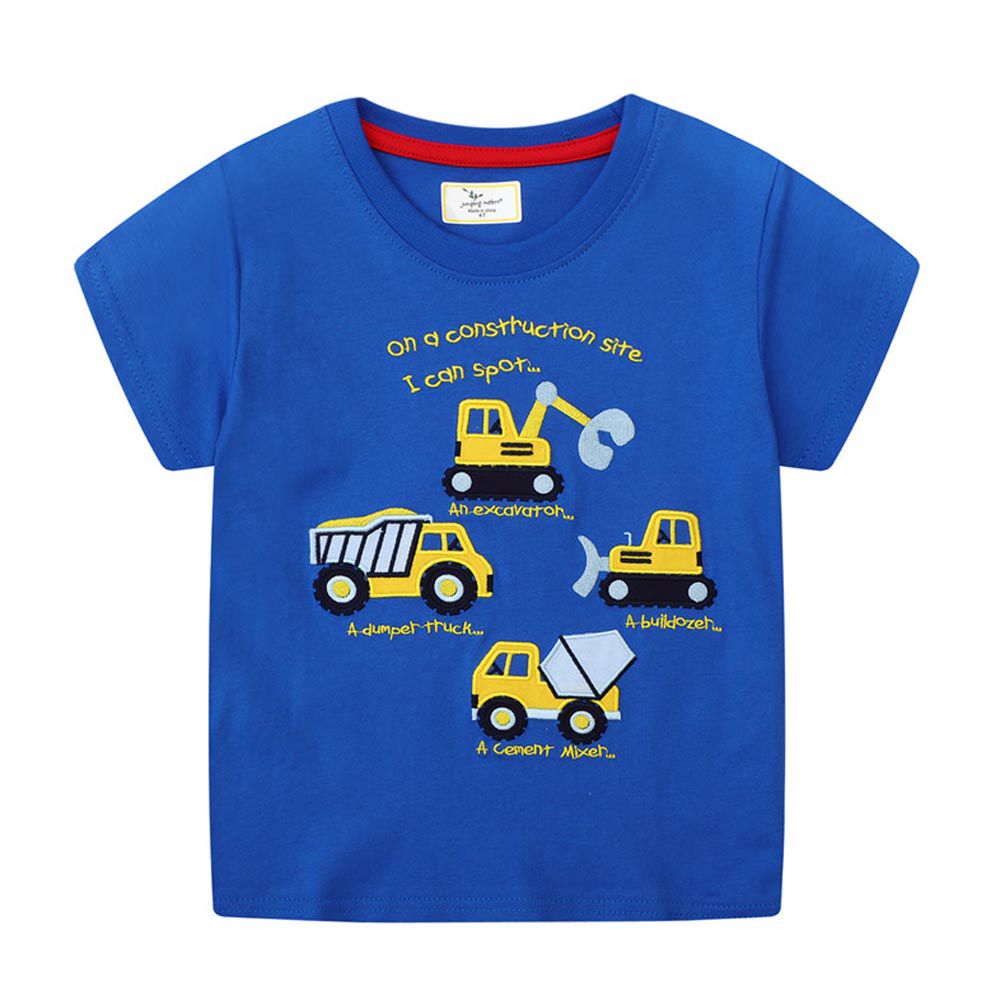 Jumping meters - 棉質圓領短袖上衣-工程車車-寶藍色