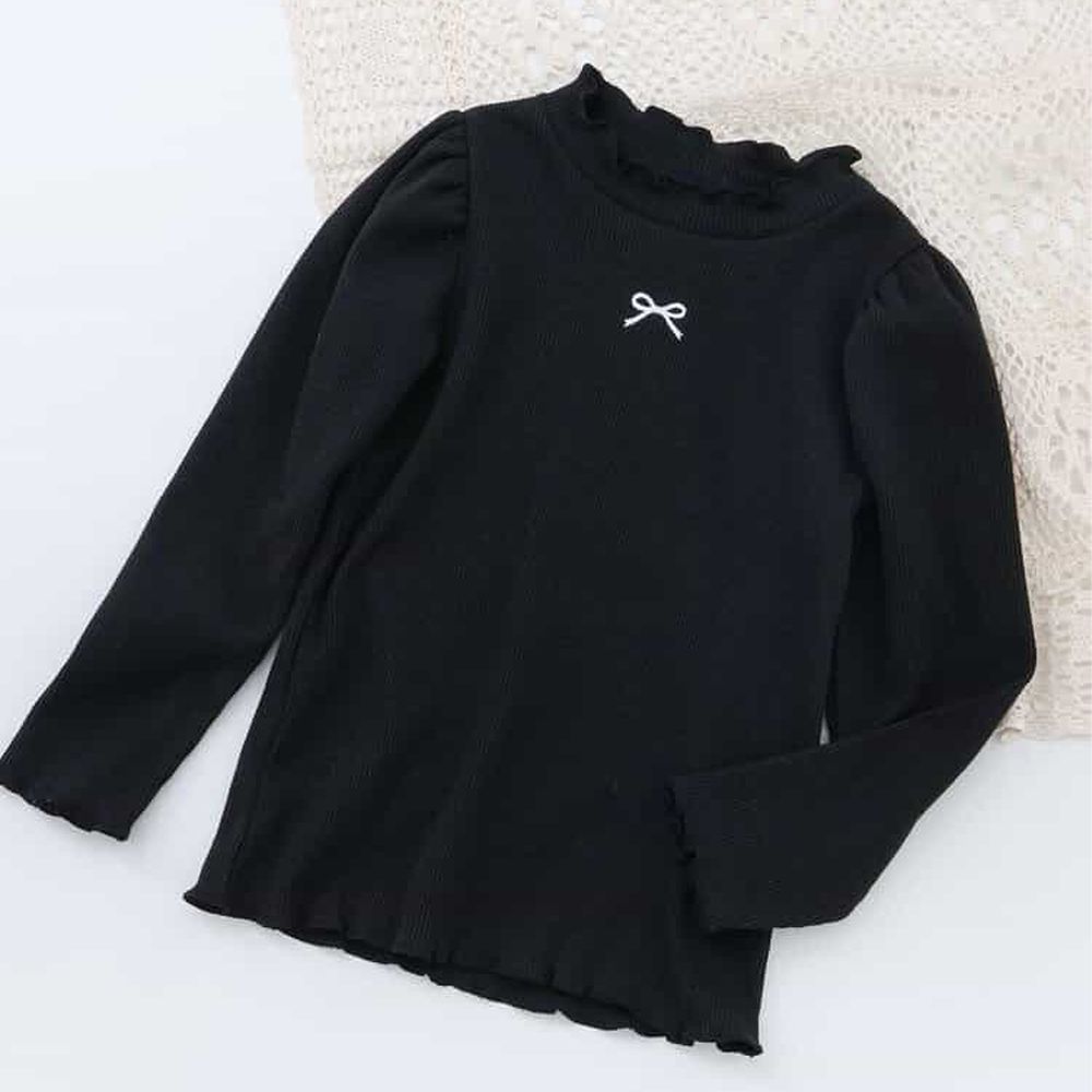 木耳小高領甜美百搭長袖上衣-小蝴蝶結-黑