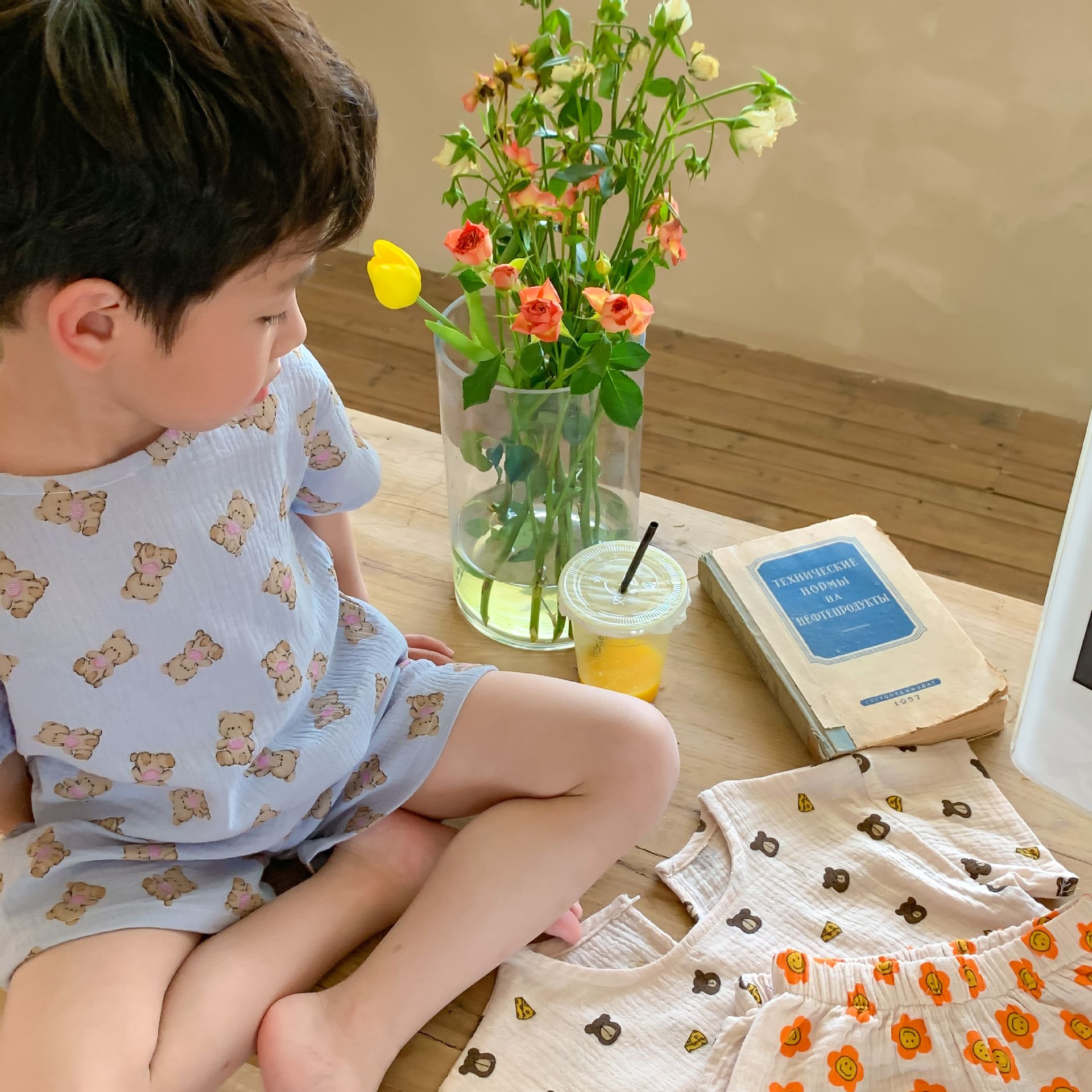 紗布棉短袖家居服套裝-小碎花-奶油色