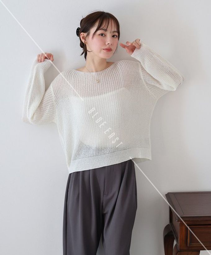 日本 BLUE EAST - 典雅船領閃爍亮片網眼針織上衣-粉紅