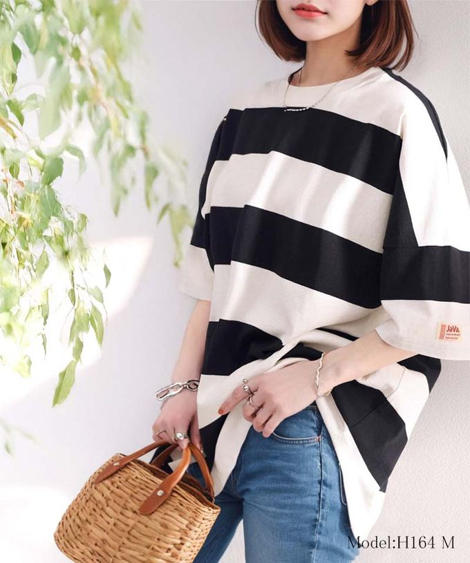 日本 Classical Elf - Java 純棉寬條紋落肩五分袖上衣-咖啡x米杏