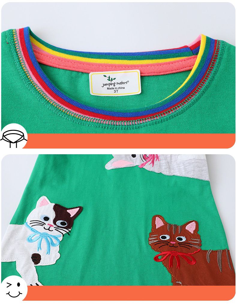 Jumping meters - 棉質圓領短袖洋裝-調皮貓貓-綠色
