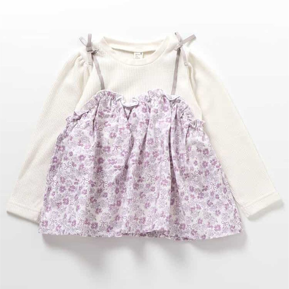 假兩件吊帶華夫格長袖上衣-碎花-白杏X淺紫