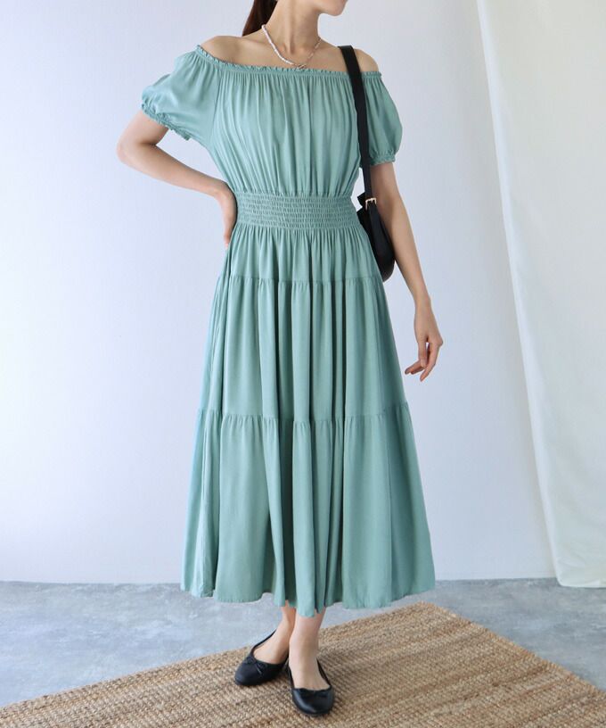 日本 BLUE EAST - 絕美平口縮腰泡泡袖洋裝-碎花-藍