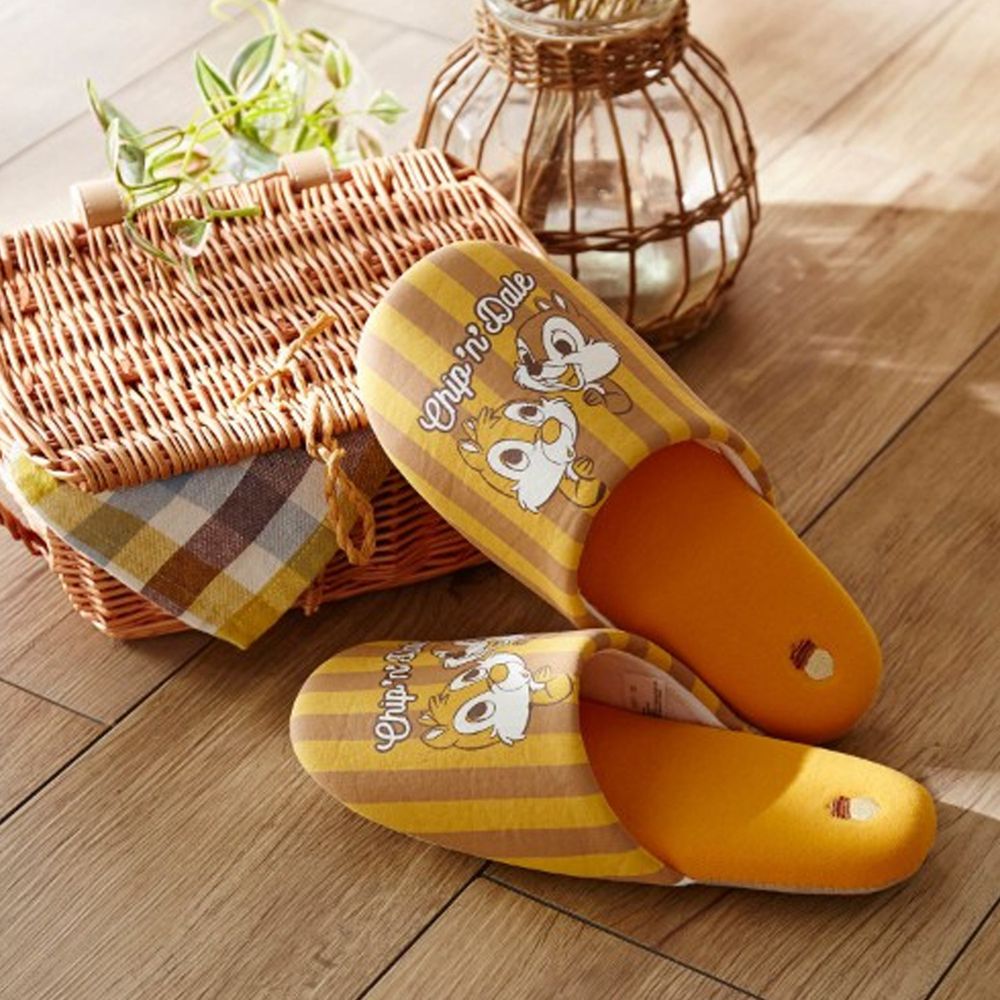 日本千趣會 - 迪士尼室內拖鞋-奇奇蒂蒂直條紋-咖啡黃