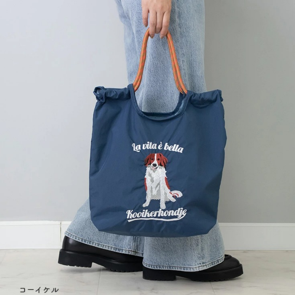 萌趣動物刺繡編繩肩背/手提包-科克爾犬-海軍藍 (H32×W37×D7)