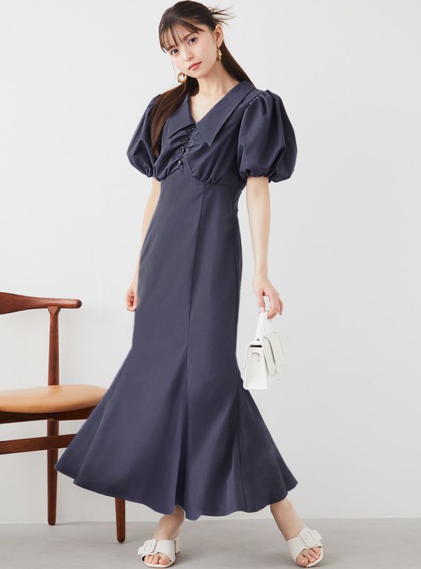 日本 GRL - 優雅翻領澎澎袖魚尾洋裝-淺米杏