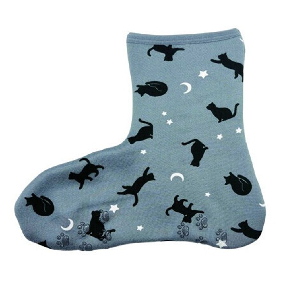 雙層機能裏起毛防滑室內襪(短筒)-夜晚的貓咪-灰 (21-25cm)