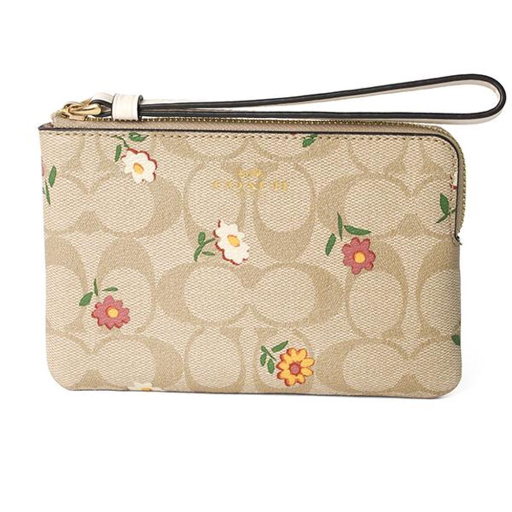 印花皮革手拿包 (卡其花朵)