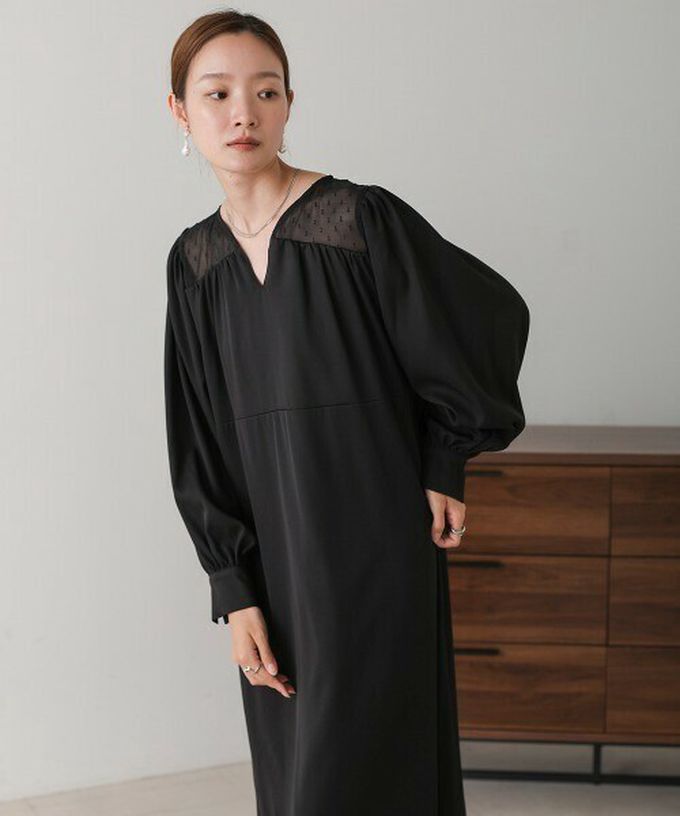 日本 Bab - 優雅蕾絲拼接背綁帶長袖洋裝-米