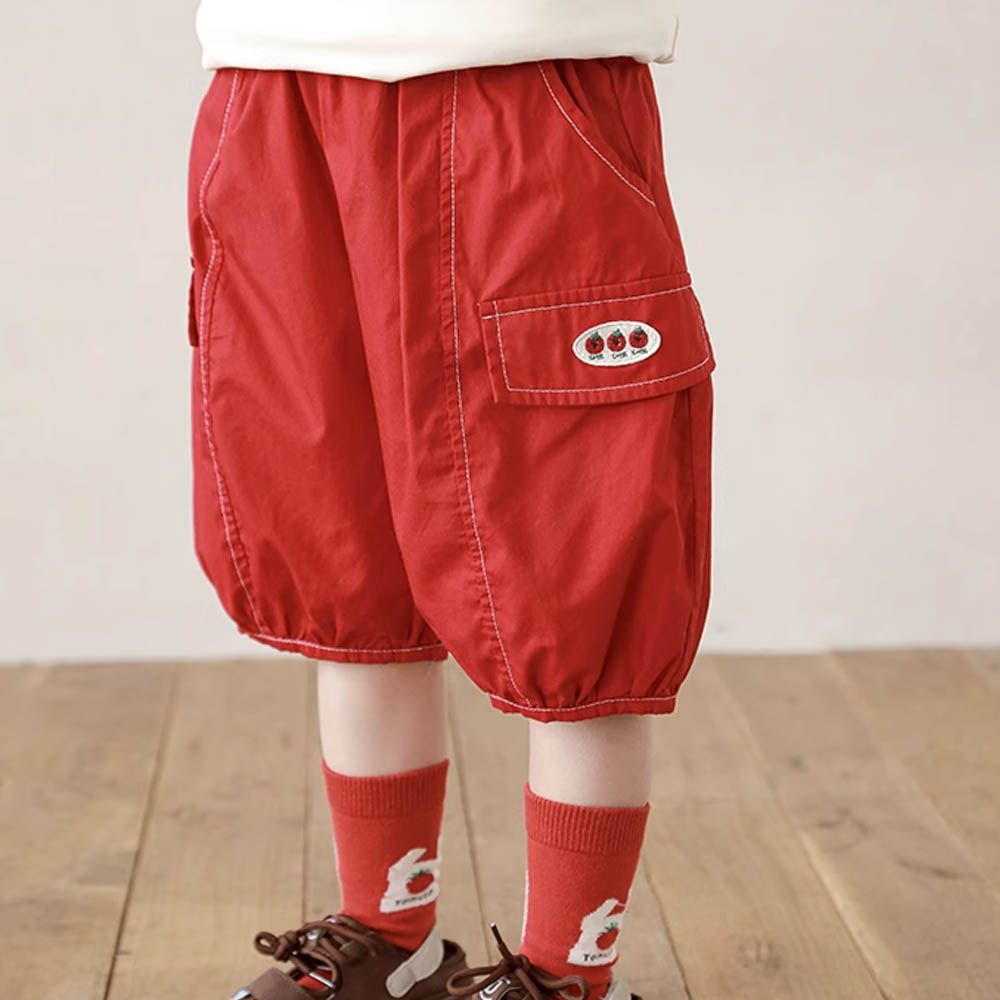 純棉腰鬆緊休閒短褲-番茄-紅色