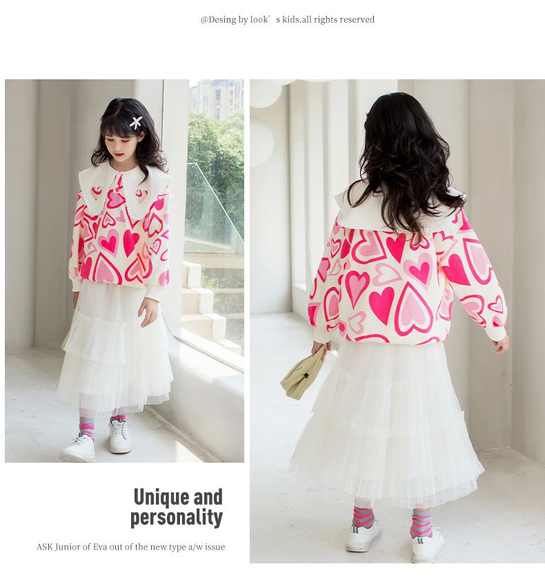 不規則翻領長袖上衣-滿版愛心-綠色