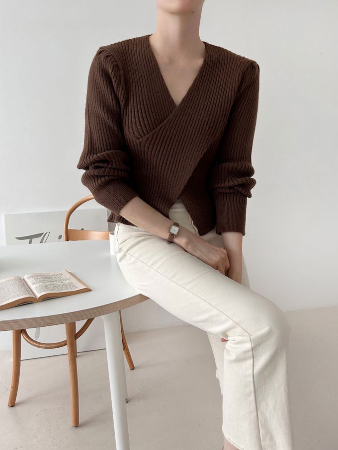 韓國女裝連線 - X交叉設計彈性坑條針織上衣-粉 (FREE)