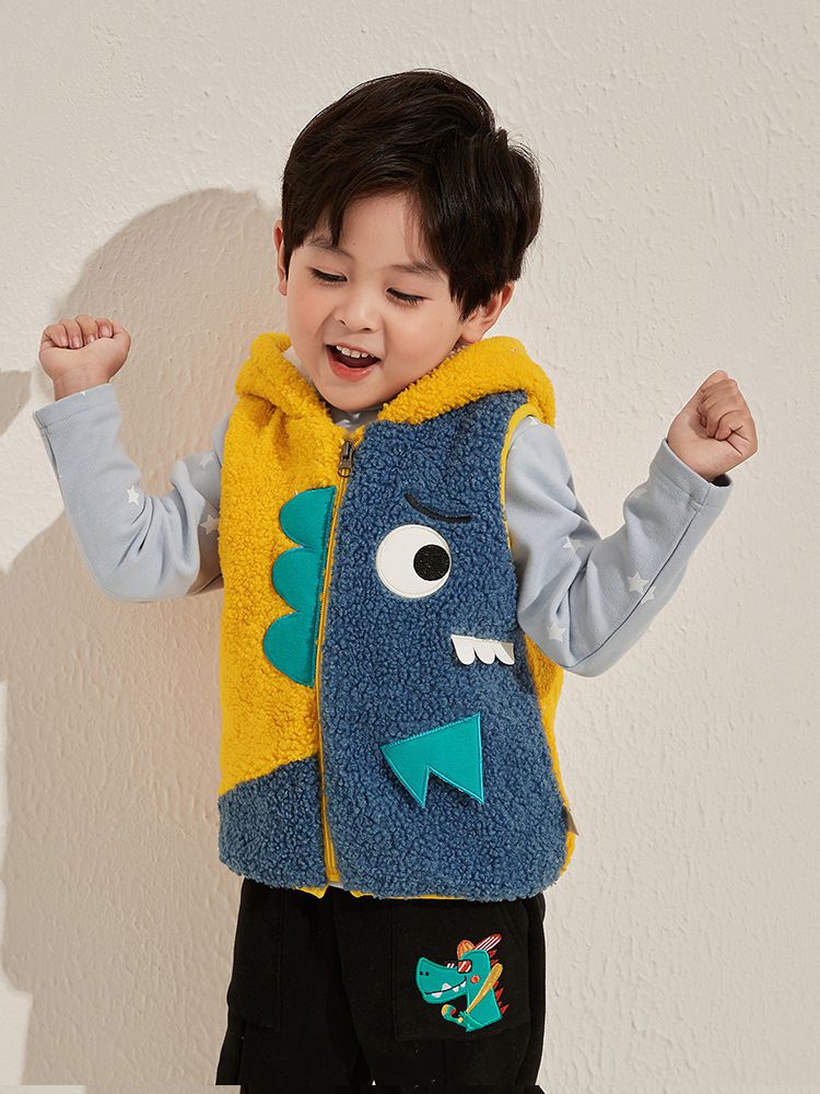 立體造型連帽羊羔絨背心-半臉小妖怪-藍+紅