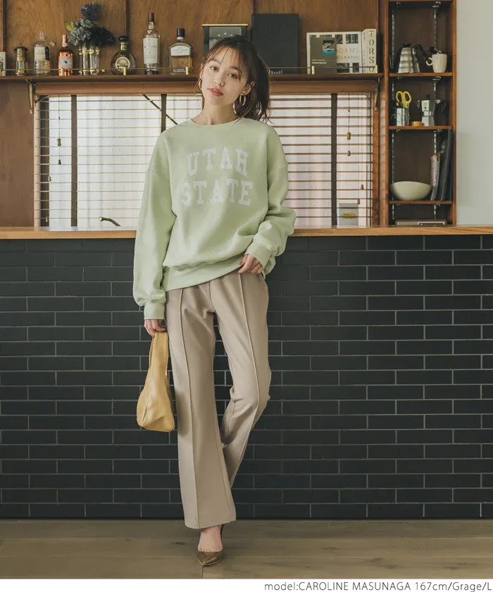 日本 COCA - 裏起毛摺線美腿微喇叭褲-黑