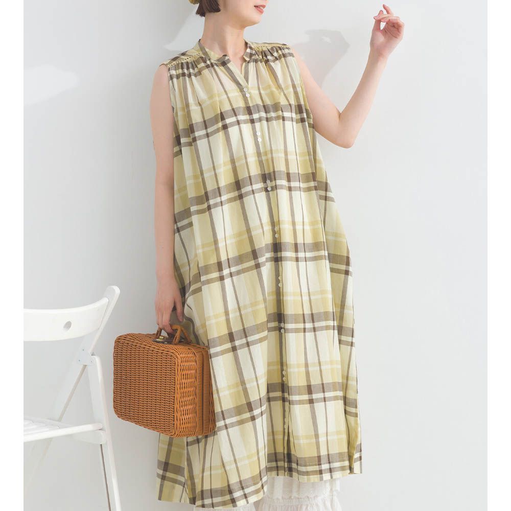 100%棉 漸層色輕盈格紋無袖洋裝-米黃