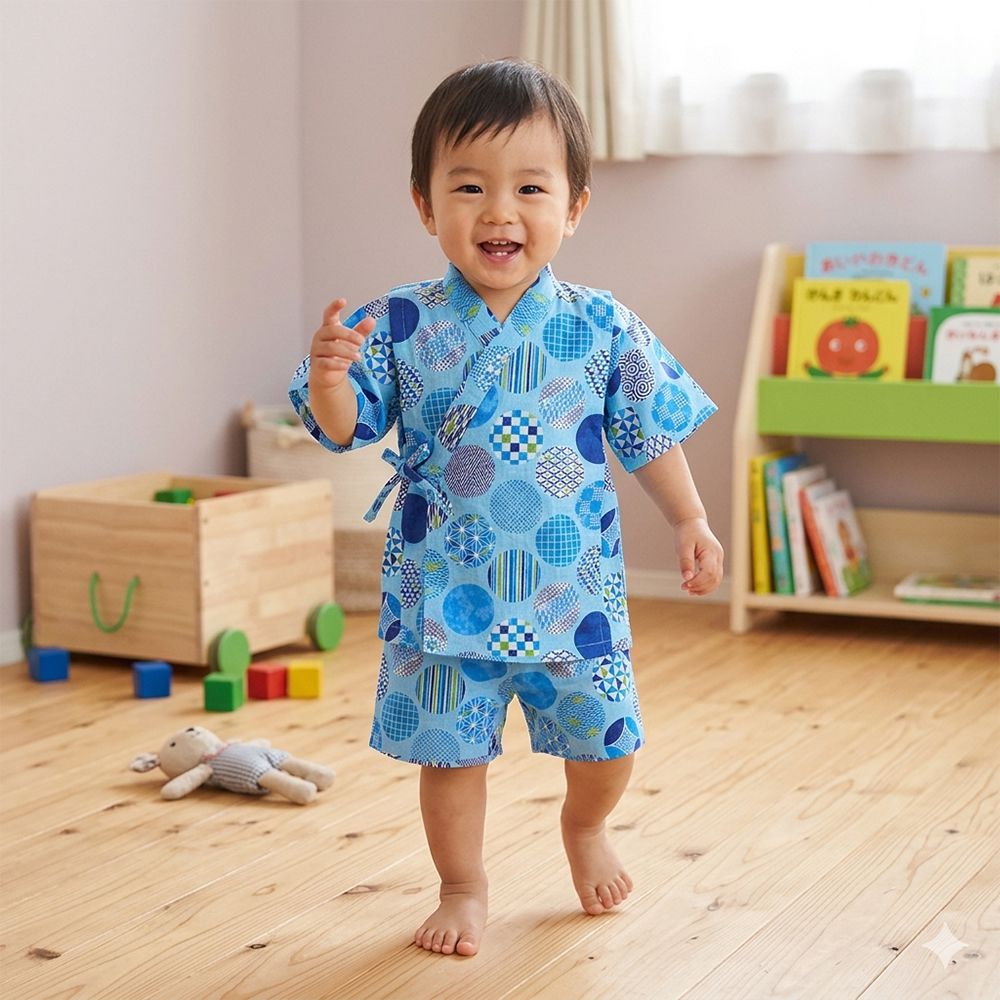 兒童兩件式甚平-圓形和風圖案-淺藍色