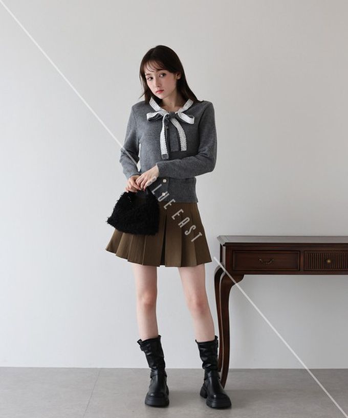 日本 BLUE EAST - 少女爛漫蕾絲蝴蝶結開襟衫-黑