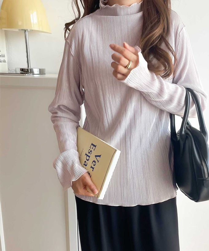 日本 Classical Elf - 羅紋線條感木耳小高領長袖上衣-淺灰藍