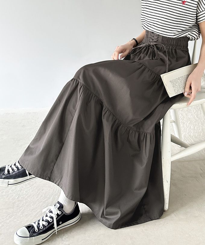 日本 Classical Elf - 古典優雅綁帶分層鬆緊長裙-象牙