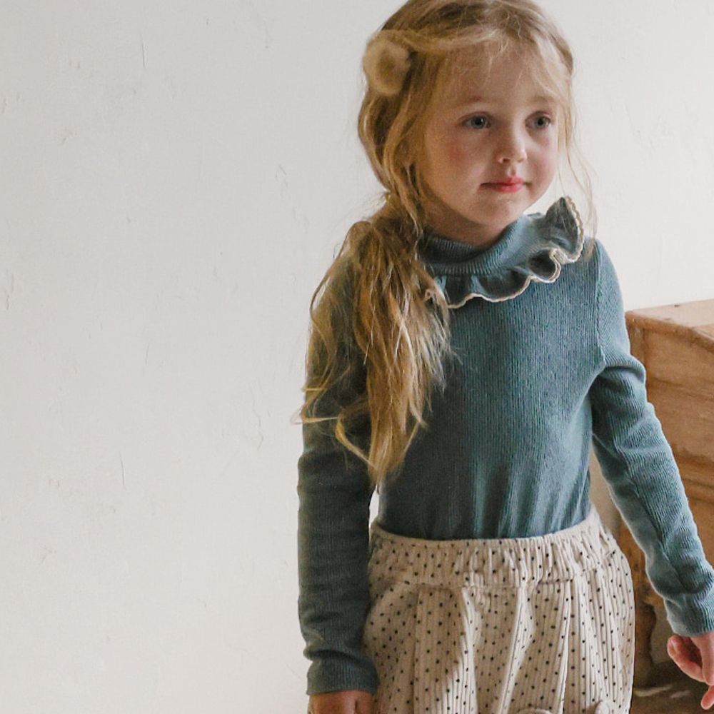 Puellaflo 微甜荷葉裝飾中領彈性長袖上衣-綠