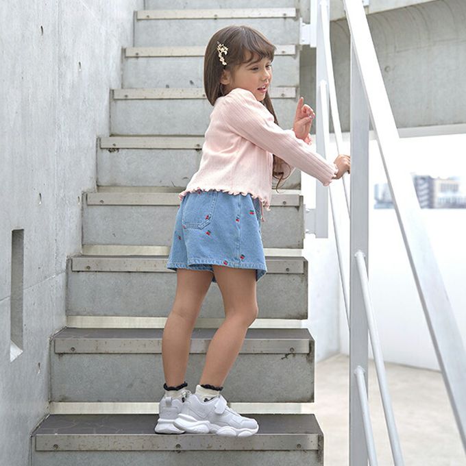 日本 Lycee mine - 甜美刺繡純棉丹寧風褲裙-蝴蝶結-中青