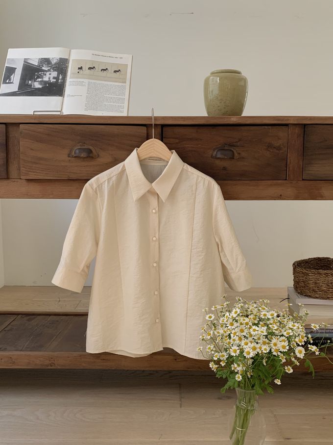 韓國女裝連線 - 高雅公主袖翻領襯衫-象牙白 (FREE)