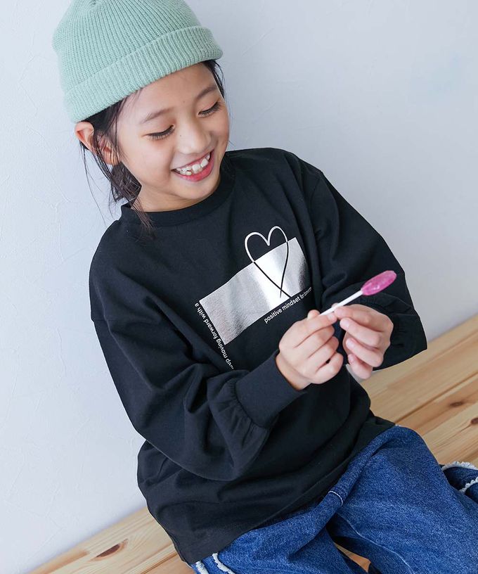 日本 devirock - 100%棉 閃亮金屬印花長袖上衣-愛心字母-黑