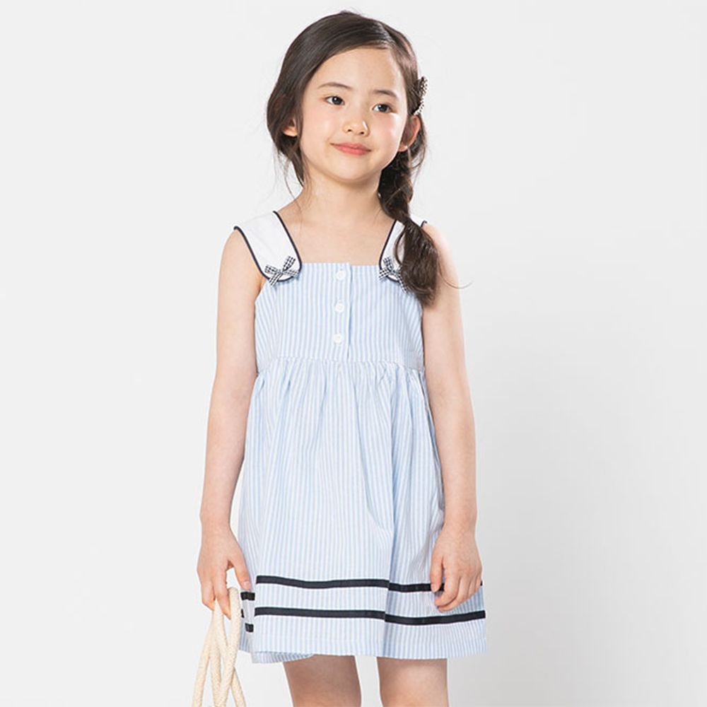 清新學院風直紋寬肩帶洋裝-天藍