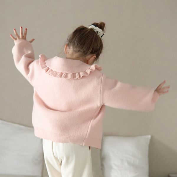 日本 Lycee mine - 荷葉大翻領寬袖針織開襟衫-粉紅