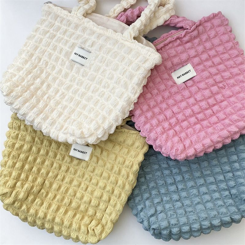 加厚奶油泡泡雲朵手提包/肩背包-米杏色 ((32+24)x40x14cm)